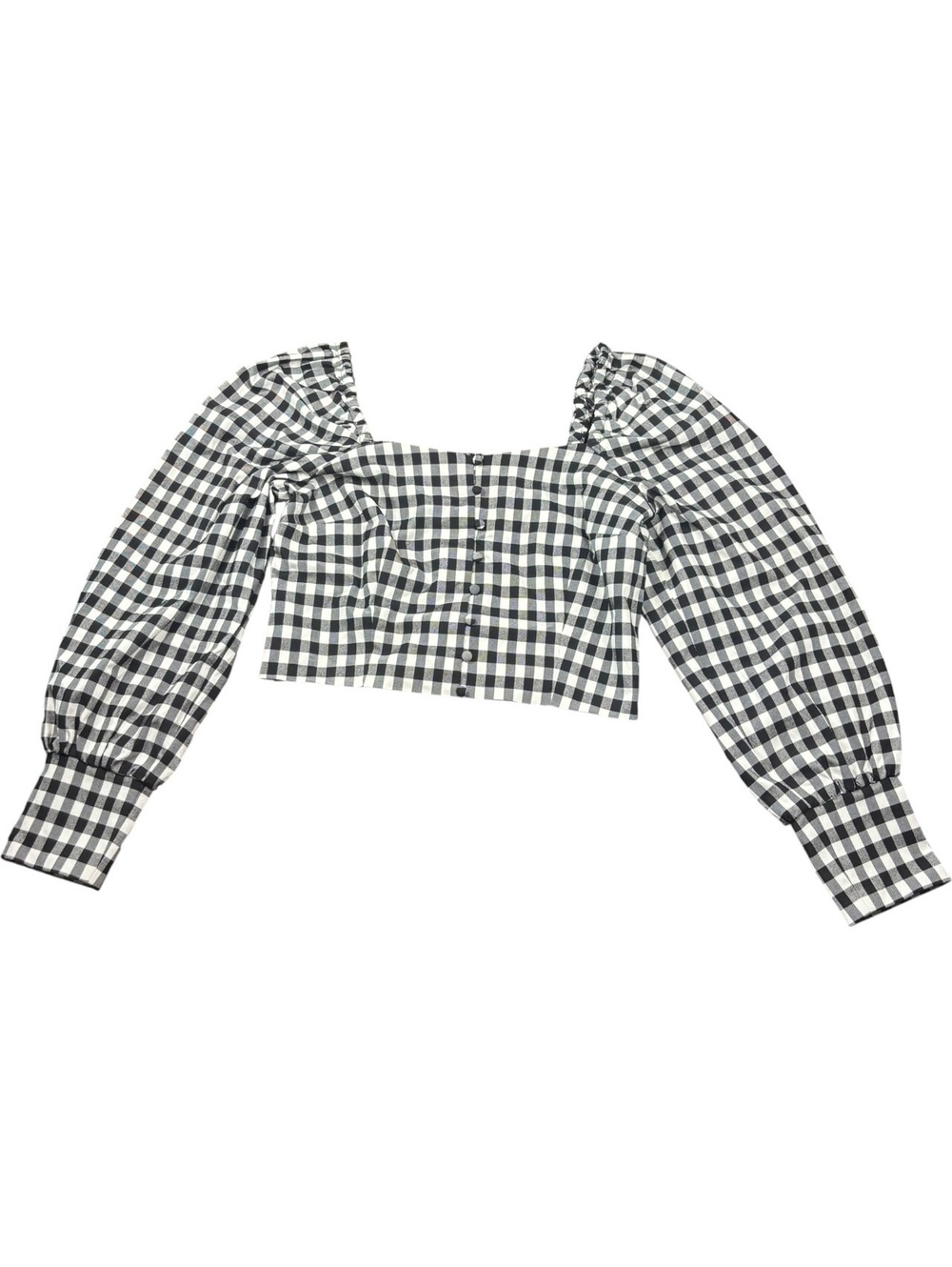 Bar III Gingham Puff Sleeve Crop Top NWT Black White